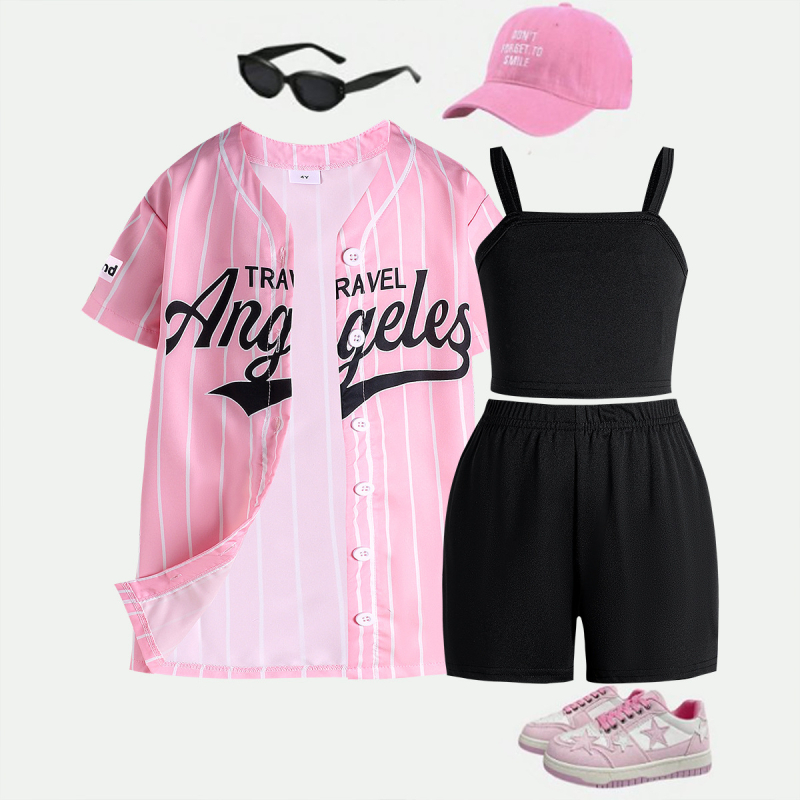 Set de vară pentru fete, trei piese — jachetă cu mâneci scurte și imprimeu litere, top camisole și șorturi, 65% bumbac