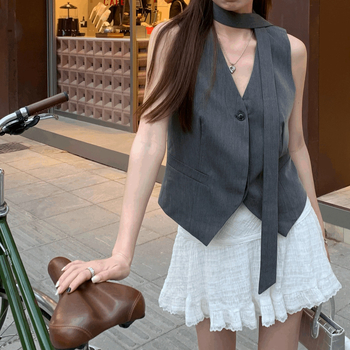 Vesta s slojevanim bezrukim topom i trakom, V izrez, 3D uzorak, poliester, ležernog kroja, korejskog stila