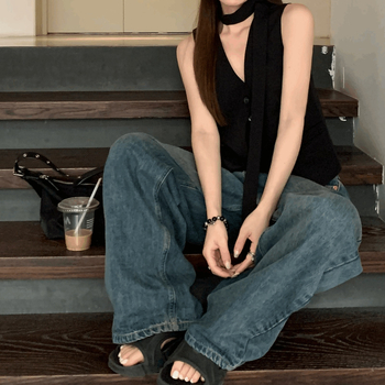 Vesta s slojevanim bezrukim topom i trakom, V izrez, 3D uzorak, poliester, ležernog kroja, korejskog stila