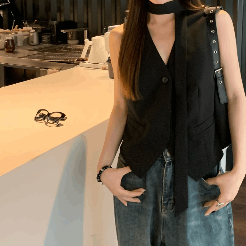 Vesta s slojevanim bezrukim topom i trakom, V izrez, 3D uzorak, poliester, ležernog kroja, korejskog stila