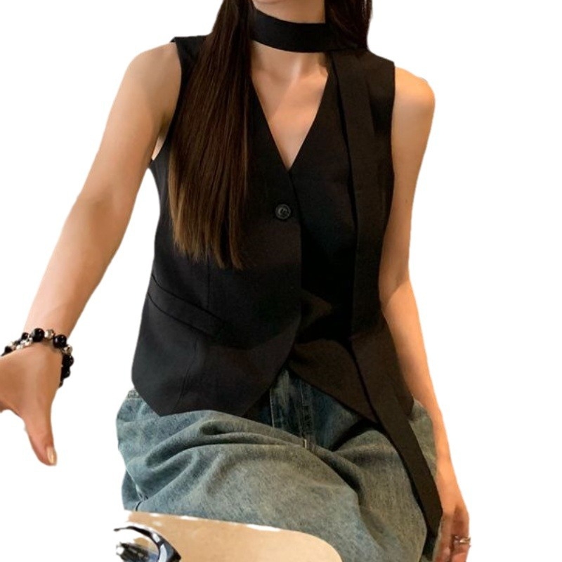 Vesta s slojevanim bezrukim topom i trakom, V izrez, 3D uzorak, poliester, ležernog kroja, korejskog stila