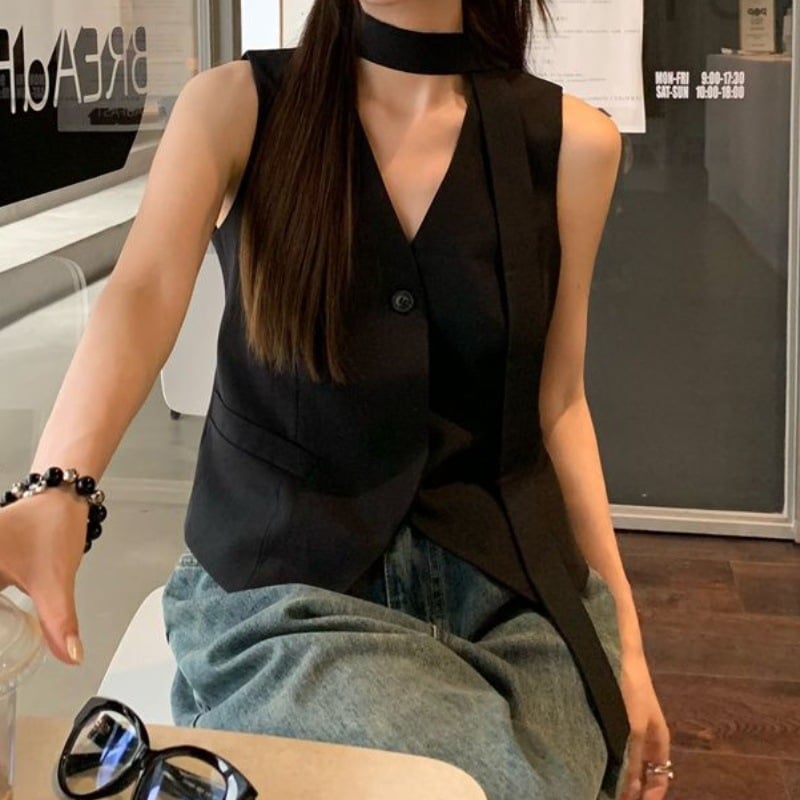 Vesta s slojevanim bezrukim topom i trakom, V izrez, 3D uzorak, poliester, ležernog kroja, korejskog stila