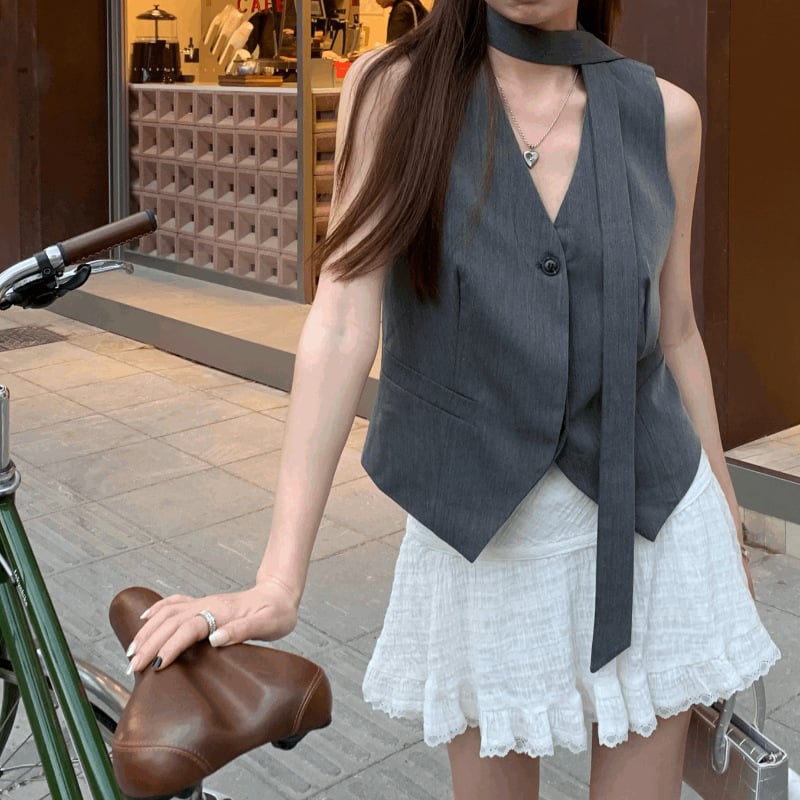 Vesta s slojevanim bezrukim topom i trakom, V izrez, 3D uzorak, poliester, ležernog kroja, korejskog stila