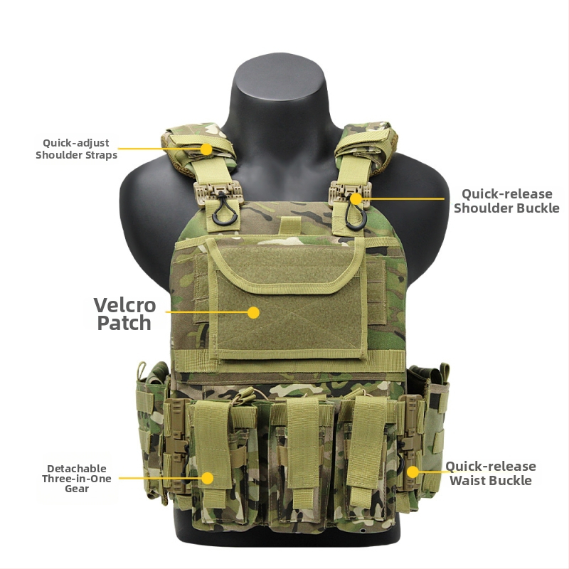 Taktiska veste ar ātru atslēgšanu, daudzfunkcionāra āra aprīkošana, kamuflāžas raksts, audums 600D, izturīga pret nolietošanās un vēju