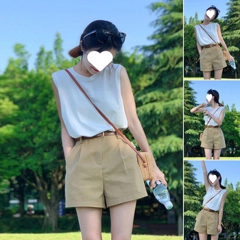 Costum feminin din două piese: vestă fără mâneci și pantaloni cu lungime de cinci puncte pentru femei; stil colegial, retro literatură-artă; poliester 30–50%