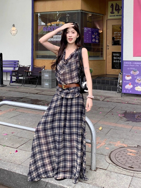 Set vintage carouri: top fără mâneci și fustă cu talie înaltă, croială lejeră, poliester, primăvara 2025, stil proaspăt și dulce, eleganță franțuză