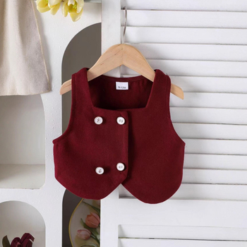 Costum fetițe din trei piese: vestă cu nasturi dubli, top cu mânecă lungă și fustă în carouri; 95% bumbac