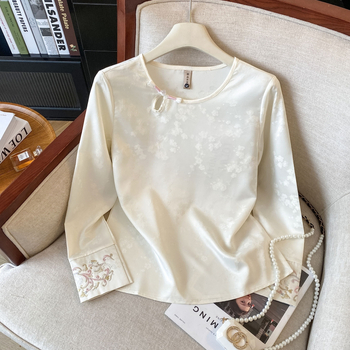 Košulja u kineskom stilu s vezenjem, dugi rukavi, stojeći ovratnik, geometrijski uzorak, poliester tkanina