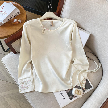 Košulja u kineskom stilu s vezenjem, dugi rukavi, stojeći ovratnik, geometrijski uzorak, poliester tkanina