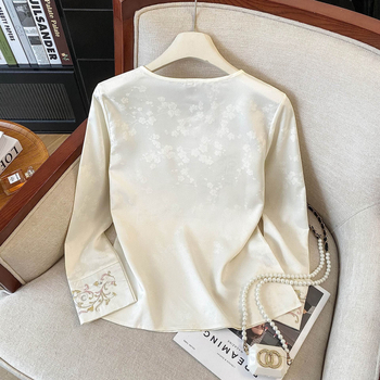 Košulja u kineskom stilu s vezenjem, dugi rukavi, stojeći ovratnik, geometrijski uzorak, poliester tkanina