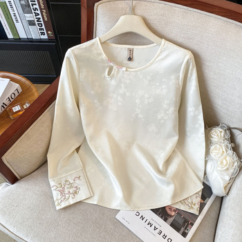 Košulja u kineskom stilu s vezenjem, dugi rukavi, stojeći ovratnik, geometrijski uzorak, poliester tkanina