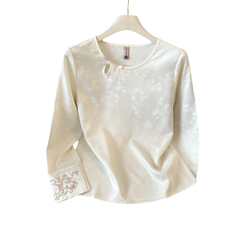 Košulja u kineskom stilu s vezenjem, dugi rukavi, stojeći ovratnik, geometrijski uzorak, poliester tkanina