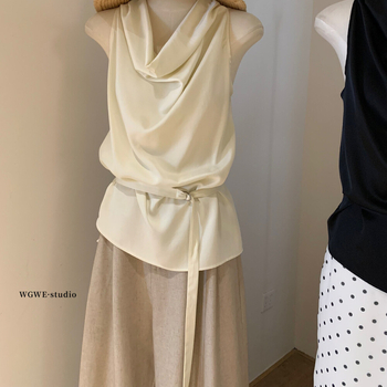 Top fără mâneci cu decolteu drapat și șnur la talie, poliester, micro-elastic, stil pull-over