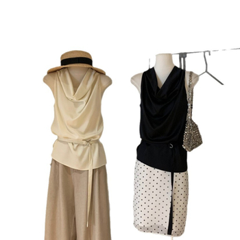 Top fără mâneci cu decolteu drapat și șnur la talie, poliester, micro-elastic, stil pull-over