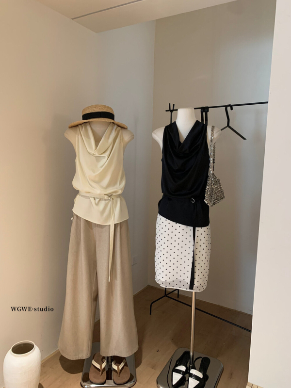 Top fără mâneci cu decolteu drapat și șnur la talie, poliester, micro-elastic, stil pull-over