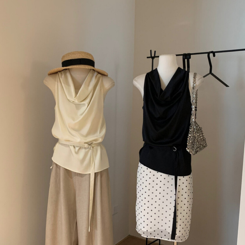 Top fără mâneci cu decolteu drapat și șnur la talie, poliester, micro-elastic, stil pull-over