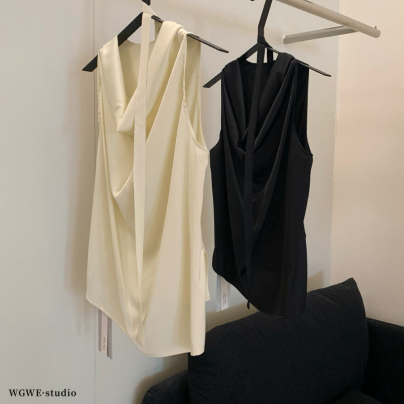 Top fără mâneci cu decolteu drapat și șnur la talie, poliester, micro-elastic, stil pull-over