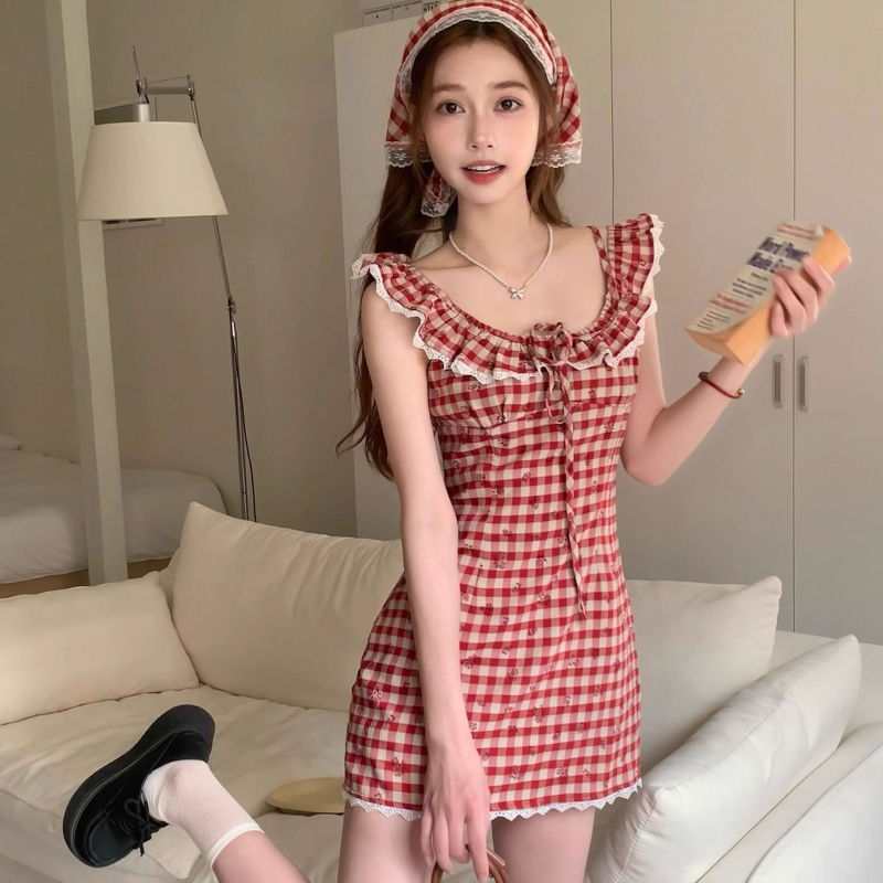 Rochie retro în carouri cu guler păpușă, fără mâneci, talie înaltă, poliester