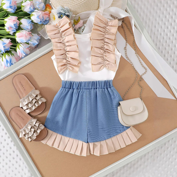 Dječji ljetni dvodijelni komplet za djevojčice: top bez rukava s čipkom i džins šorts s patchworkom, pamuk, za dob 1–3 godine.