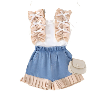 Dječji ljetni dvodijelni komplet za djevojčice: top bez rukava s čipkom i džins šorts s patchworkom, pamuk, za dob 1–3 godine.