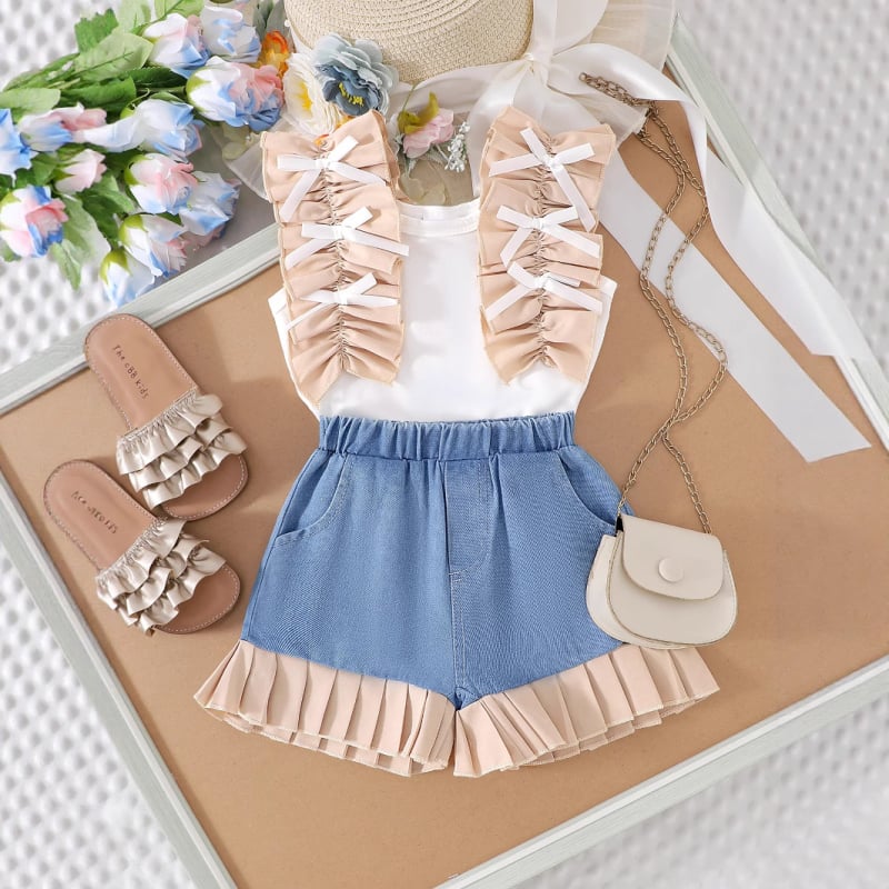 Dječji ljetni dvodijelni komplet za djevojčice: top bez rukava s čipkom i džins šorts s patchworkom, pamuk, za dob 1–3 godine.