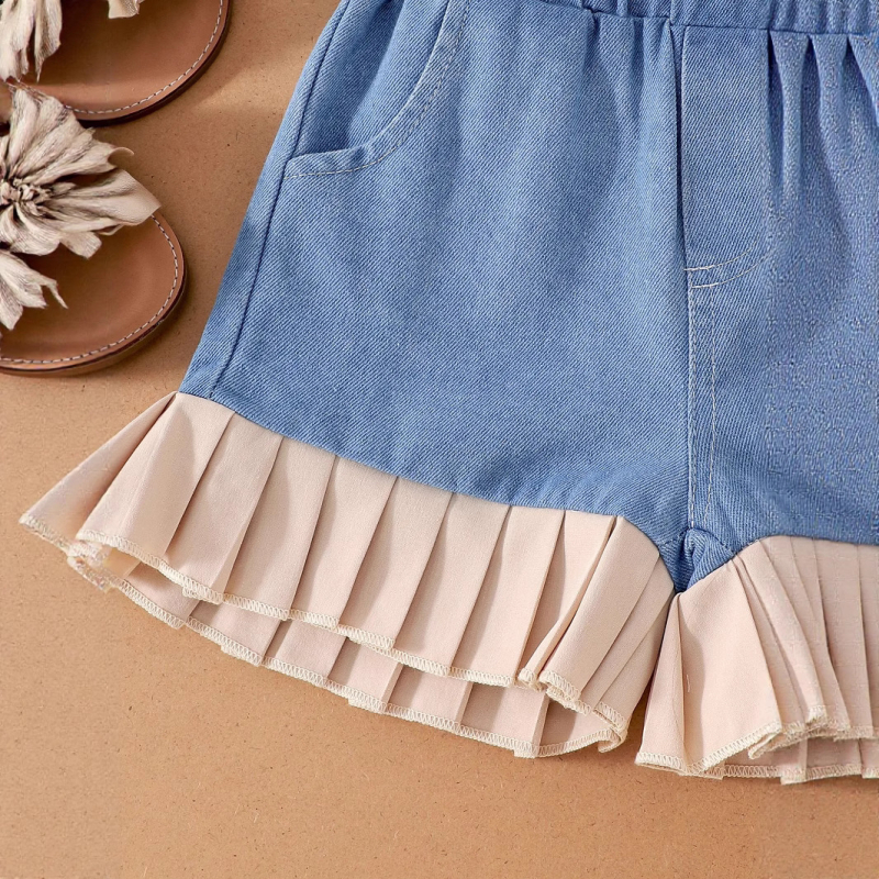 Dječji ljetni dvodijelni komplet za djevojčice: top bez rukava s čipkom i džins šorts s patchworkom, pamuk, za dob 1–3 godine.