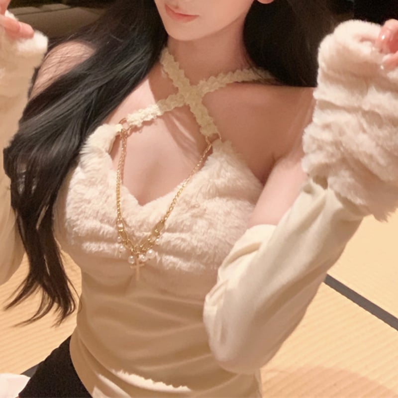 Top s krznenim detaljima na rukavima, ultra tanke naramenice, A-linija kroja, 3D uzorak, poliester mrežasti materijal