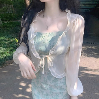 Kardigan od gazaste tkanine za zaštitu od sunca, čipkasti ovratnik, rukavi u stilu fen, minimalistički stil, jednobojni uzorak, 90–95% poliester