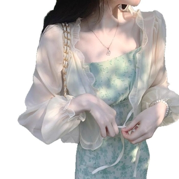 Kardigan od gazaste tkanine za zaštitu od sunca, čipkasti ovratnik, rukavi u stilu fen, minimalistički stil, jednobojni uzorak, 90–95% poliester