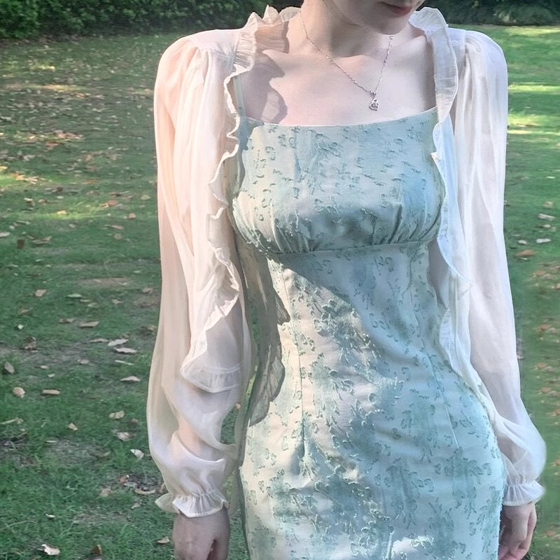 Kardigan od gazaste tkanine za zaštitu od sunca, čipkasti ovratnik, rukavi u stilu fen, minimalistički stil, jednobojni uzorak, 90–95% poliester