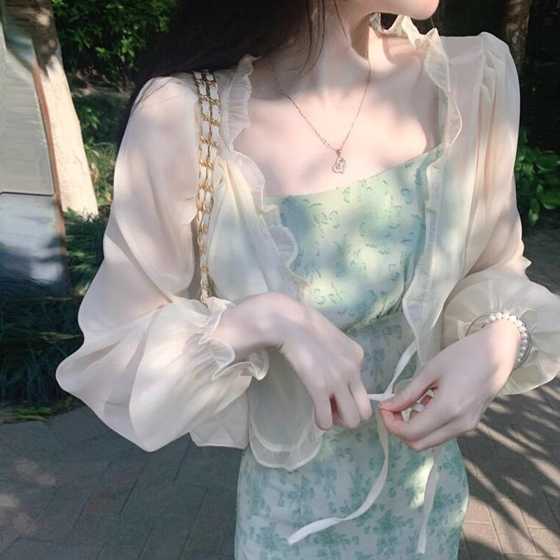 Kardigan od gazaste tkanine za zaštitu od sunca, čipkasti ovratnik, rukavi u stilu fen, minimalistički stil, jednobojni uzorak, 90–95% poliester