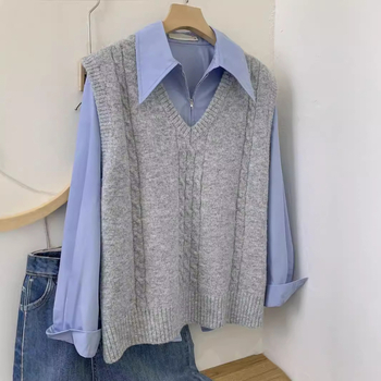 Ženski dvodijelni set: košulja s ovratnikom i pleteni prsluk s V izrezom, casual stil, poliester