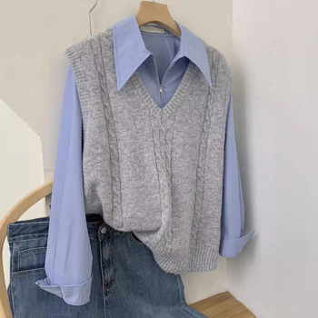 Ženski dvodijelni set: košulja s ovratnikom i pleteni prsluk s V izrezom, casual stil, poliester