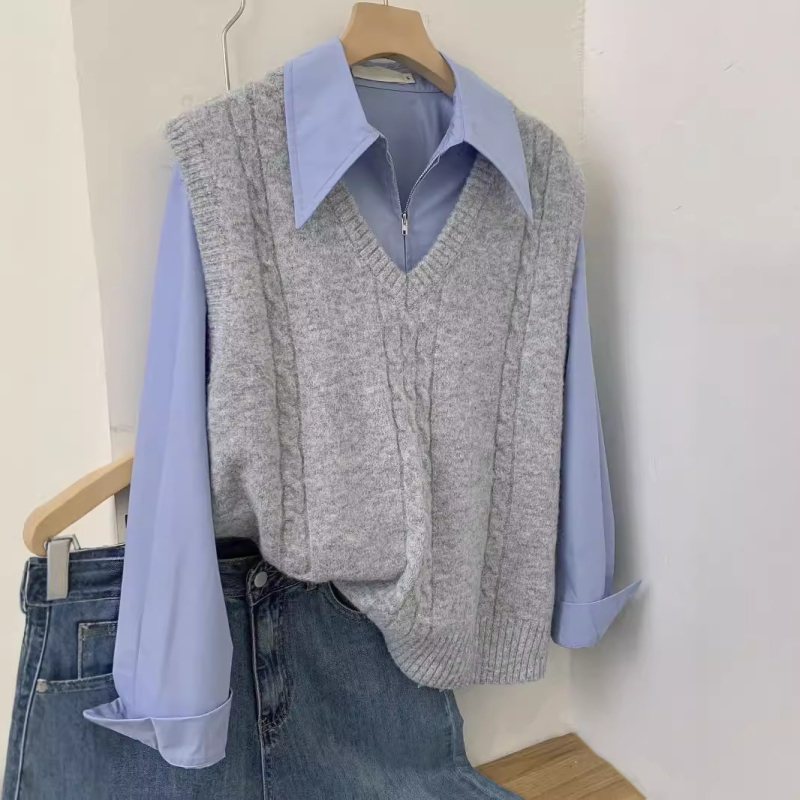 Ženski dvodijelni set: košulja s ovratnikom i pleteni prsluk s V izrezom, casual stil, poliester