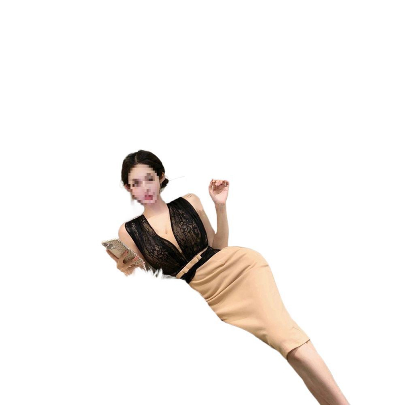 V-kaelusega pitsilise detailiga kleit, bez varrukateta, keskmise pikkusega, nailonist trikotaž