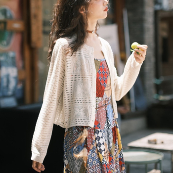 Tanak pleteni kardigan za zaštitu od sunca, kratka duljina, 3/4 rukava, pamuk-polyester smjesa, UPF30+