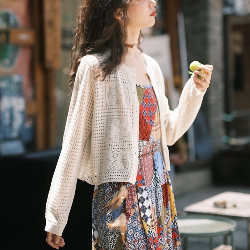 Tanak pleteni kardigan za zaštitu od sunca, kratka duljina, 3/4 rukava, pamuk-polyester smjesa, UPF30+