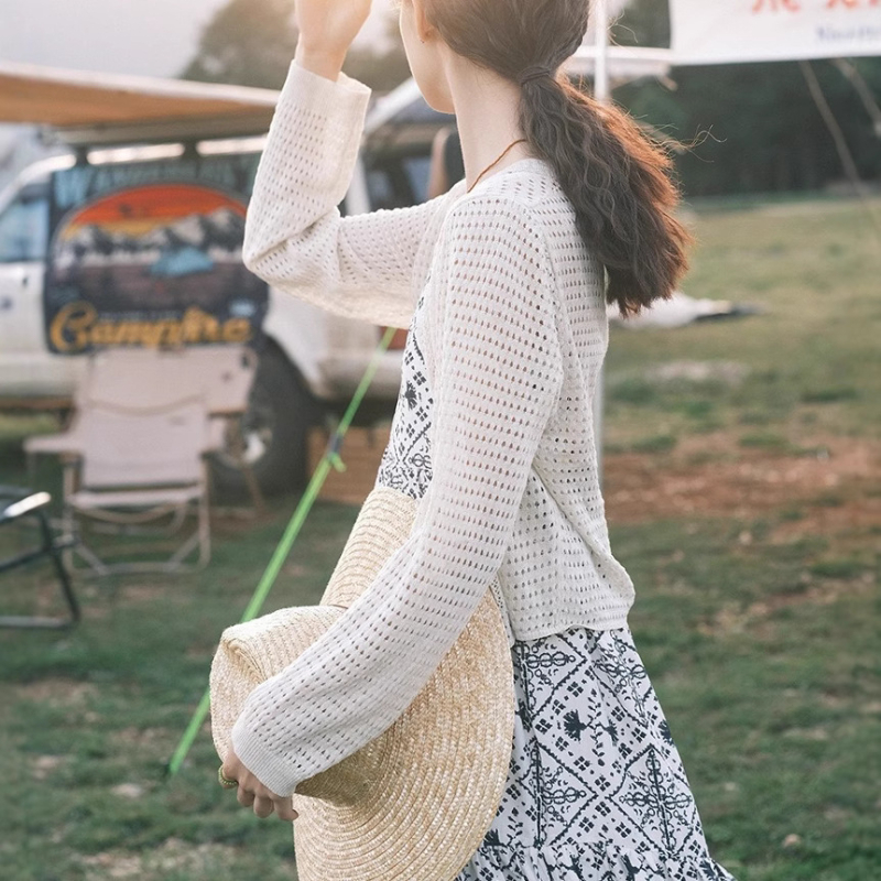 Tanak pleteni kardigan za zaštitu od sunca, kratka duljina, 3/4 rukava, pamuk-polyester smjesa, UPF30+