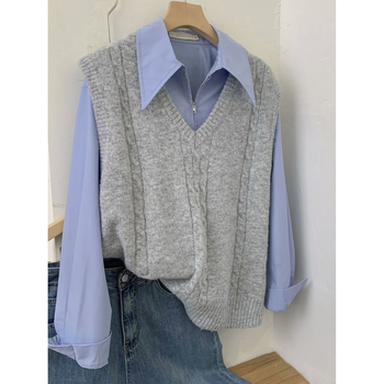 Vesta tricotată pentru femei cu decolteu în V, fără mâneci, set din două piese pentru primăvară