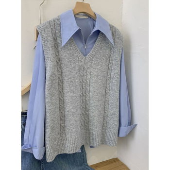 Vesta tricotată pentru femei cu decolteu în V, fără mâneci, set din două piese pentru primăvară