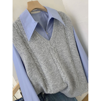 Vesta tricotată pentru femei cu decolteu în V, fără mâneci, set din două piese pentru primăvară