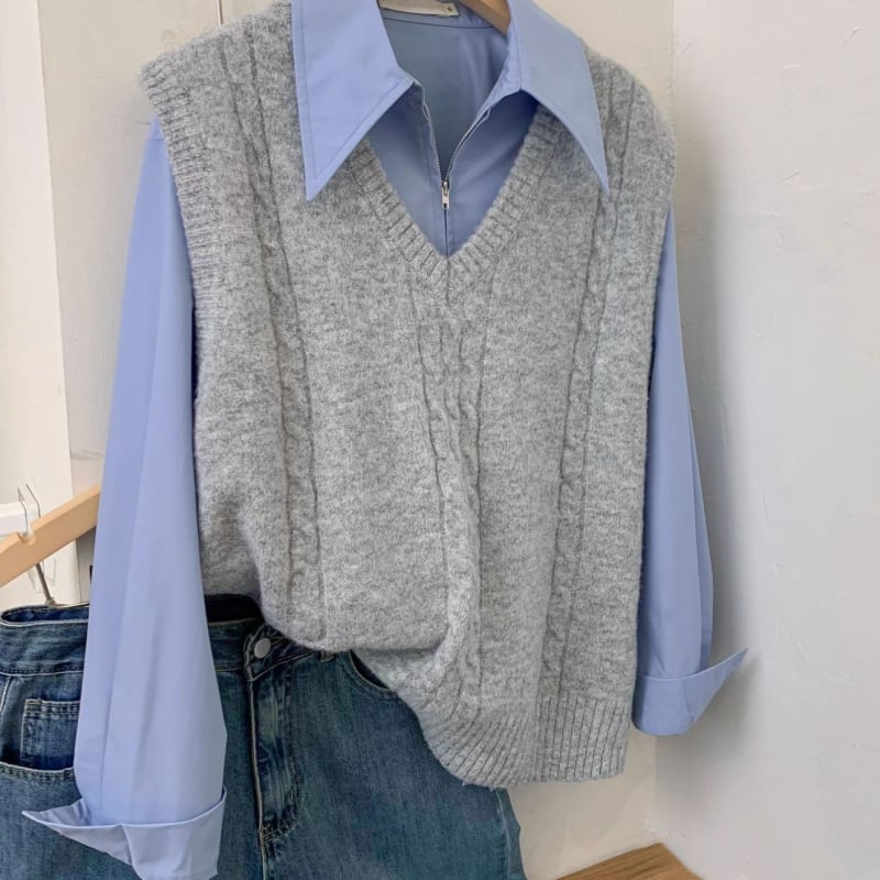 Vesta tricotată pentru femei cu decolteu în V, fără mâneci, set din două piese pentru primăvară