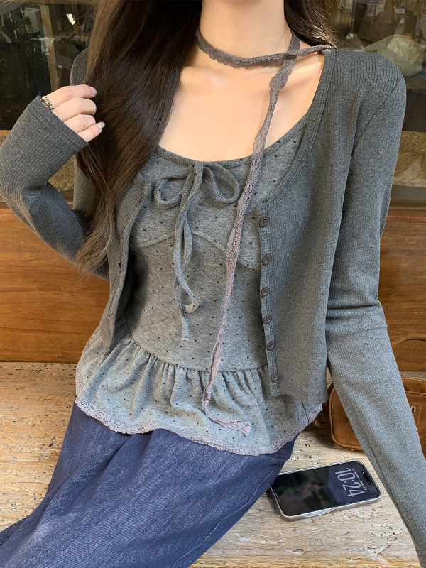 Set din două piese: cardigan tricotat în stil coreean și top cu model Wave Point, din fibră de viscoză, mâneci lungi, guler rotund, iarnă 2025