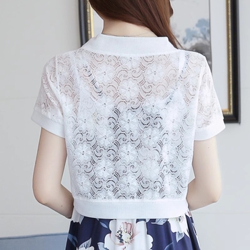 Női csipkés kardigán, karcsú szabás, 3/4-ujjas, félnyitott gallér, nagyon rövid hossz, nylon csipke