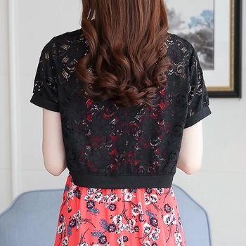 Női csipkés kardigán, karcsú szabás, 3/4-ujjas, félnyitott gallér, nagyon rövid hossz, nylon csipke