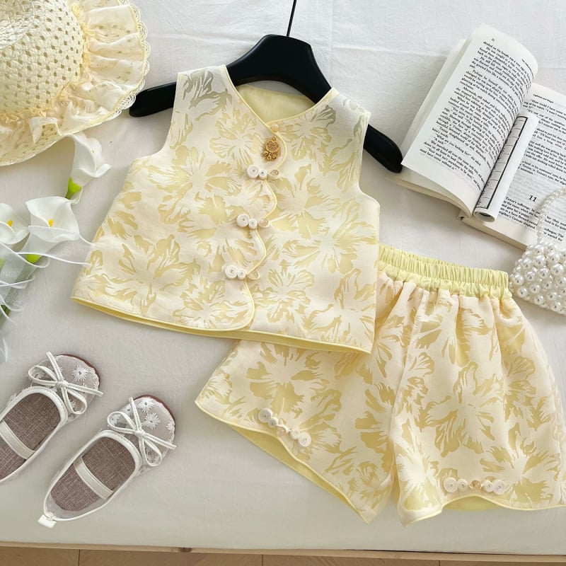 Dvodjelni komplet za djevojčice: bezrukavni prsluk i šorcevi, retro kineski stil za ljeto, poliester 80–90%