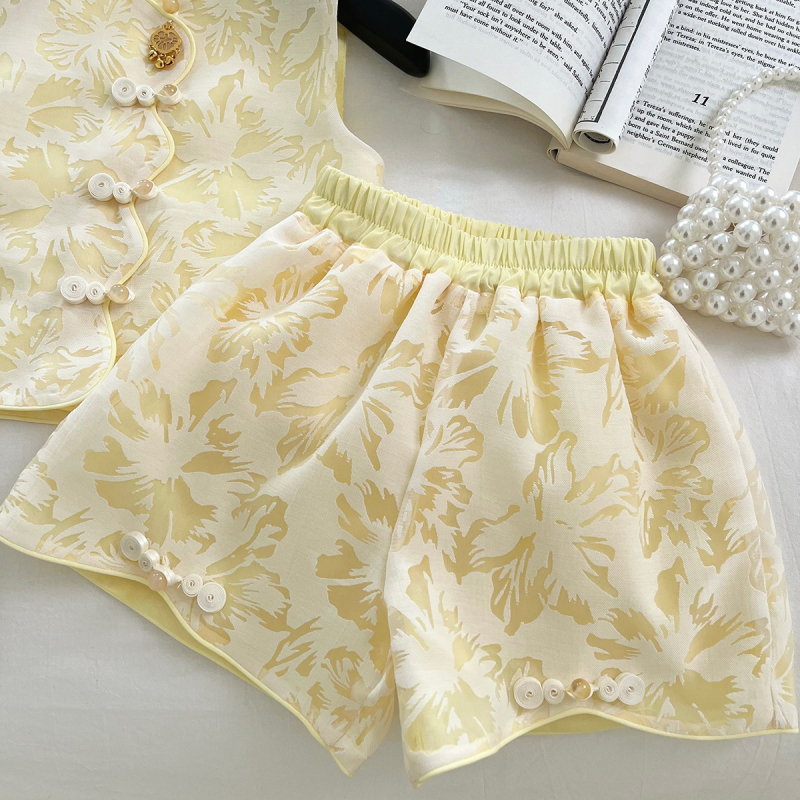 Dvodjelni komplet za djevojčice: bezrukavni prsluk i šorcevi, retro kineski stil za ljeto, poliester 80–90%