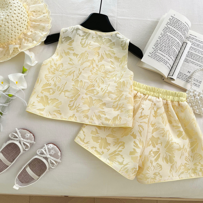 Dvodjelni komplet za djevojčice: bezrukavni prsluk i šorcevi, retro kineski stil za ljeto, poliester 80–90%