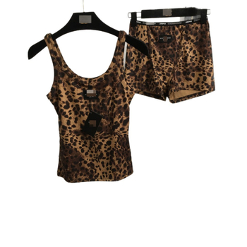 Leopard print dvodijelni set: bez rukava camisole i capri hlače, pamuk–poliester smjesa, aplikacije, ljeto 2025