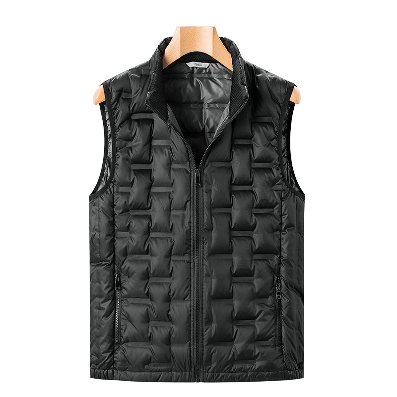 Vesta de bărbați cu puf — stil coreean cardigan, fermoar, guler rotund, buzunare laterale, poliester